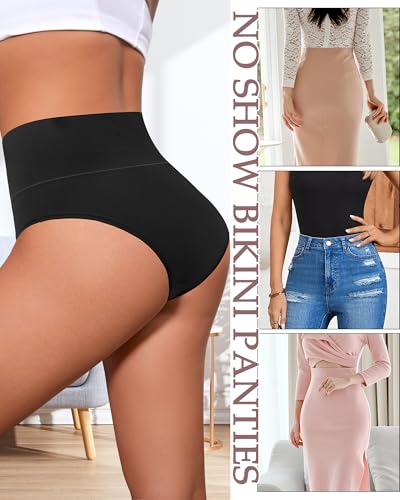 ASIMOON High Waisted Bikini Underwear for Women Tummy Control Cotton Panties Ladies No Muffin Cheeky Panty 3 Pack3