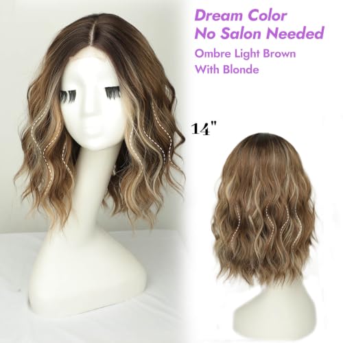 Image of Eawwii Wig for Women Ombre Light Brown Blonde,Short Wavy Synthetic Lace Wig