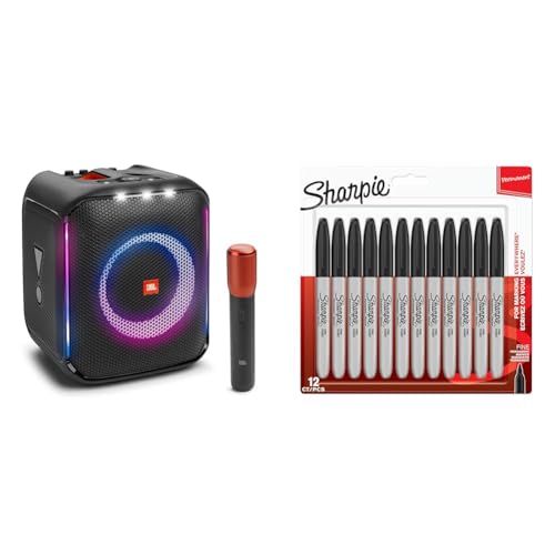 JBL PartyBox Encore Portable Indoor and Outdoor Party Speaker with Built-In Lights, IPX4 Splashproof Design & Sharpie Permanent Markers | Fine Point for Bold Details | Black Ink | 12 Marker Pens
