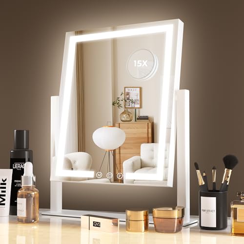 LuxeVue Espejo de maquillaje con luces de Hollywood, espejo con 3 colores y LED regulables espejo Hollywood de mesa, pantalla táctil, ajustable a 360 grados