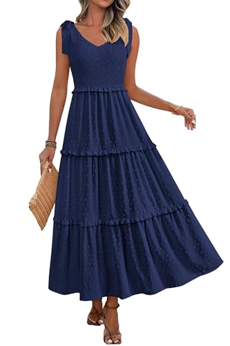 Okiwam Womens Summer Dresses 2025 Sleeveless Tie Strap Maxi Long Flowy Beach Sundresses Boho Swiss Dot Fall Wedding Dresses