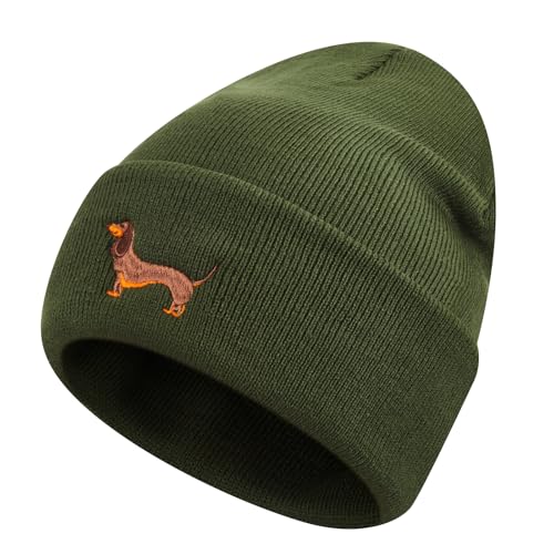 Geyoga Warme Weiche Wintermütze Winter Beanie Mütze Strickmütze mit Stickerei Kalte Mütze mit Hundestickerei Geschenk Strickmütze für Hundebesitzer(Armeegrün,Mode Dackel)