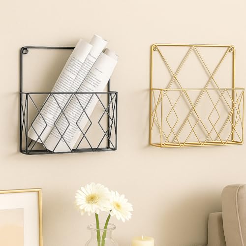 Image of CentraLit 2 Pieces Wall Decor Hanging File Magazine Holder with Hooks - Magazine Newspaper Rack Black Gold Combo File Storage Rack for Office - Home Decor Wall Art Display Rack for Organisation