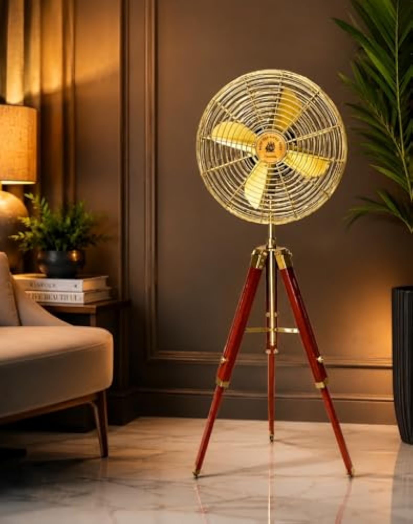 Vintage Tripod Floor Fan with Wooden Stand