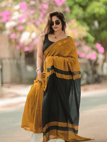 Image of Women's Cotton Woven Soft Sarees With Attach Blouse Piece.