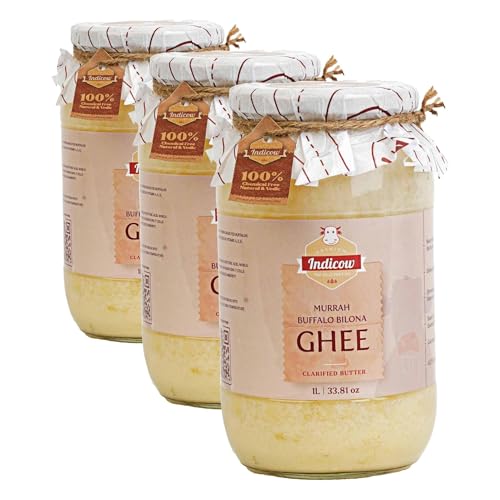 Image of Indicow Foods Murrah Buffalo Ghee 1L Glass packaging | Grass fed Buffalo | Bilona Ghee | 100% Pure and Chemical Free(Buffalo Ghee, White) 1L packaging (Pack of 3)