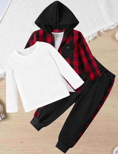 Image of Toddler Boy Clothes Plaid Hooded Shirt White T-shirt Top and Solid Color Pants 3Pcs Winter Boys Clothes