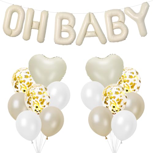 Oh Baby Luftballon, Cremeweiß OH BABY Buchstaben Folienballon, Baby Shower Deko, Babyparty Dekoration, Beige Luftballon Herz Ballon, Baby Deko für Junge Mädchen Shower, Gender Reveal Babyparty