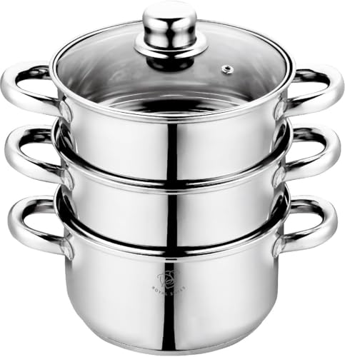 Royal Swiss Vaporera de acero inoxidable, 3 piezas, diámetro de 28 cm, cocina saludable y respetuosa con las vitaminas, para inducción, gas y eléctrica, tapa de cristal con salida de vapor, apta para