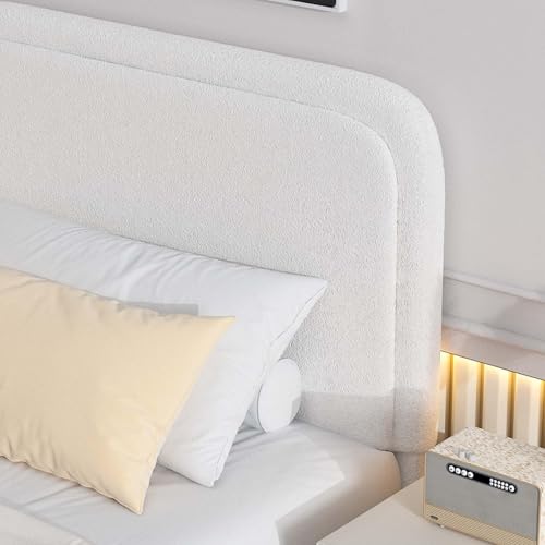 Image of BarnFurin Queen Bed Frame, Cloud Boucle Headboard, Rounded Corners, Beige | Soft boucle and rounded edges create a low-profile cloud look. Wooden slats support the mattress without a box spring