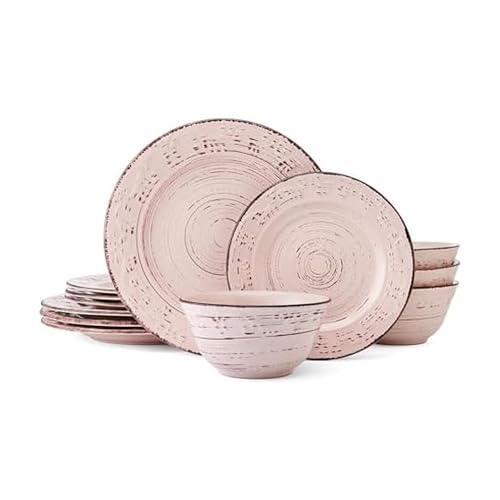Image of Pfaltzgraff Pink Trellis 12-Piece Dinnerware Set, Stoneware Plates and Bowls Sets for 4, Dishwasher and Microwave Safe, Rustic Garden-Inspired Design