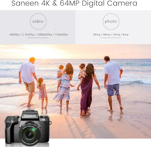 LEQTRONIQ Digital Camera, 4k Cameras for Photography & Video, 64MP WiFi Touch Screen Vlogging Camera for YouTube with Flash, 32GB SD Card, Lens Hood, 3000mAH Battery, Front and Rear Cameras - Black