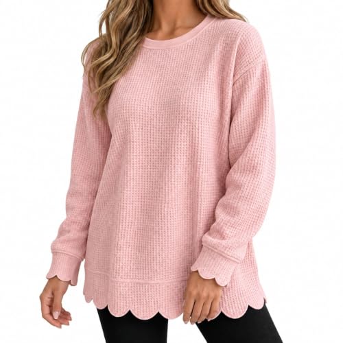 Women Tunic Scalloped Sweatshirt Crewneck Long Sleeve Waffle Knit Tops - image 8