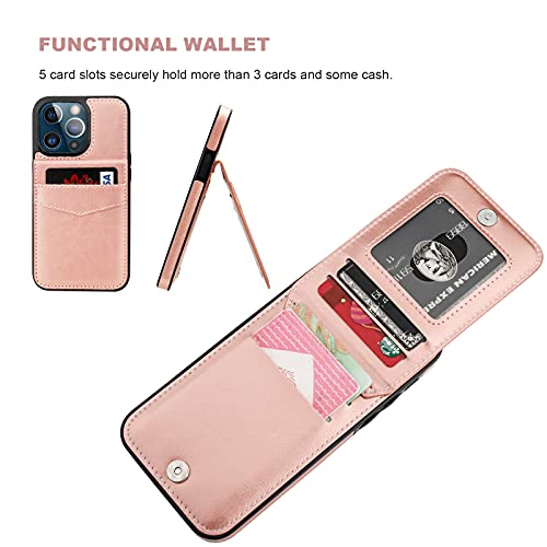 Image of KIHUWEY Compatible with iPhone 13 Pro Case Wallet with Credit Card Holder, Premium Leather Magnetic Clasp Kickstand Heavy Duty Protective Cover for iPhone 13 Pro 6.1 inch(Rose Gold)
