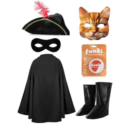 Costume de bandit de chat Swashbuckling pour enfants – Kit de déguisement 6 pièces pour la journée du livre avec cape, chapeau, masque, bottes et peinture...