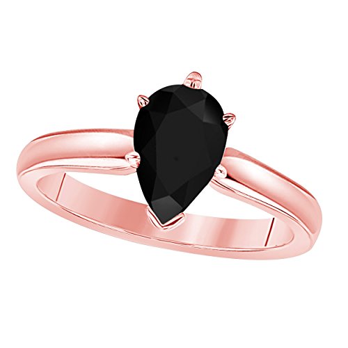 Jewelryhub 14k Rose Gold Plated Sterling Silver Pear Cut Created Black CZ Diamond CZ Solitaire Engagement Ring 1.75 CTW for Womens