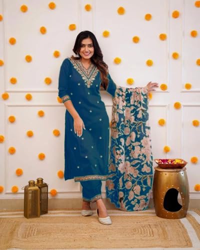 Image of Women Afghani Viscose Rayon Kurta Pant Dupatta Set with Embroidered Neck Work and Floral Print Organza Dupatta | Ethnic Straight Suit Set