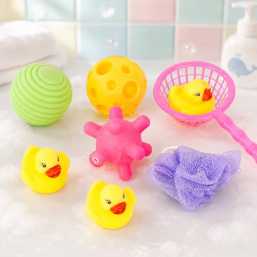 Image of Zest 4 Toyz Chu Chu Duck Baby Bath Tub Toys Squeeze Soft Balls and 3 Duck Animal Toys with net and Bath Sponge for Toddler Kids - Pack of 8