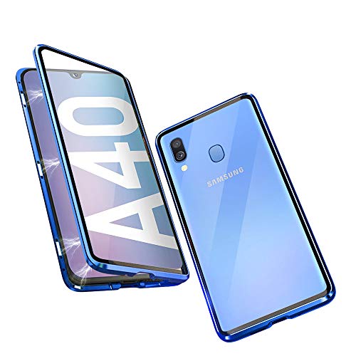 DoubTech Case for Samsung Galaxy A40 Magnetic Adsorption Tech 360 Degree Protection Cover Haptic Tempered Glass Strong Magnets Aluminum Frame Shockproof Metal Flip Case