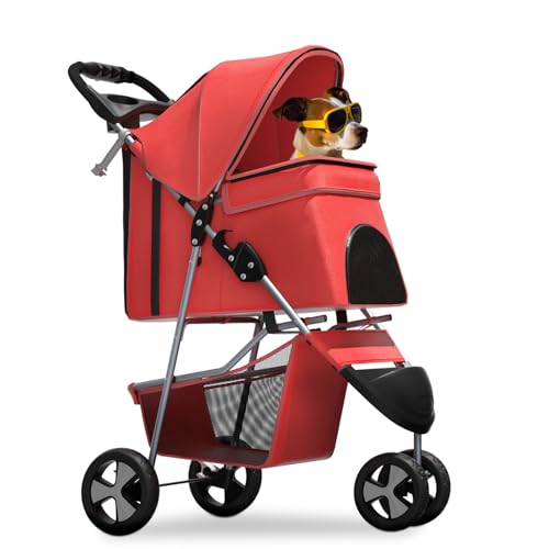 Image of Magshion 3-Wheel Pet Stroller, Foldable Travel Jogger for Small & Medium Dogs & Cats (Up to 33lbs), Lightweight Carrier with Breathable Mesh Cover, Cup Holder & Storage Basket, Red