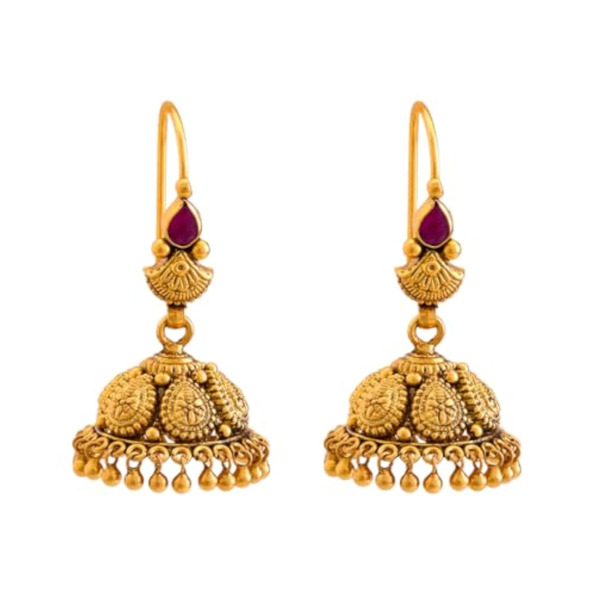 Women's Ruby Oxidised Gold Plated Temple Jhumka Earring Set