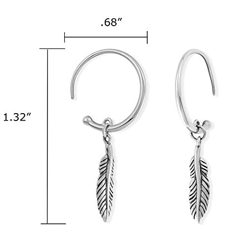 Boma Jewelry Sterling Silver Bohemian Tribal Feather Drop Pull Through Hoop Earrings4