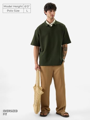 Image of The Souled Store Solids: Pastel Blue Men and Boys Short Sleeves Collared Neck Textured Cotton Blend Oversized Polos