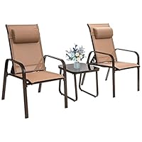 COSTWAY 3-Piece Patio Bistro Set, Garden Furniture Set Tempered Glass Table and 2 Stackable Chairs with Adjustable Backrest & Headrest, Outdoor Balcony Yard Conversation Table Chairs Set (Coffee)