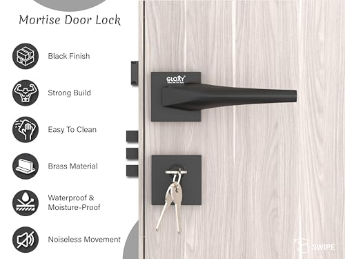 Image of GLOXY Zinc Door Lock for Main Door Mortise Set with 3 Brass Keys, Bedroom Handle Lock for Home /Office /Hotel | Black Finish (2 Years Warranty, Pack fo 1)