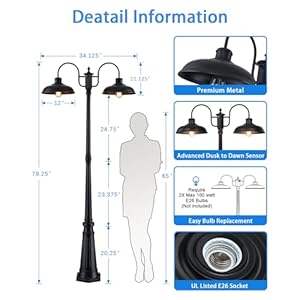 Outdoor Post Light, Dusk to Dawn Outdoor Lamp Post Lights 2-Head Farmhouse Street Light Fixture, Exterior Black Pole Lights, Waterproof Lantern Lamp Outdoor Lighting for Garden, Patio, Pathway Outdoor Post Light Dusk to Dawn Outdoor Lamp Post Lights 2 Head Farmhouse Street Light Fixture Exterior Black Pole Lights Waterproof Lantern Lamp Outdoor Lighting for Garden Patio Pathway