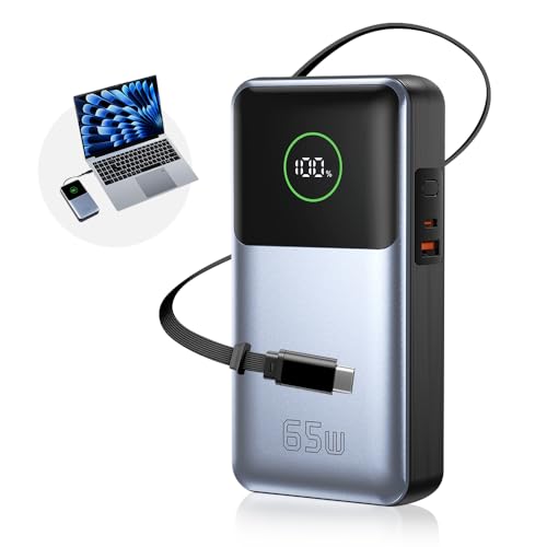 Batterie Externe 26800mAh, Charge Rapide PC Portable 65W PD, Câble Type-C Rétractable Intégré, 3 Ports de Sortie Simultanés, Portable et Léger(Noir)