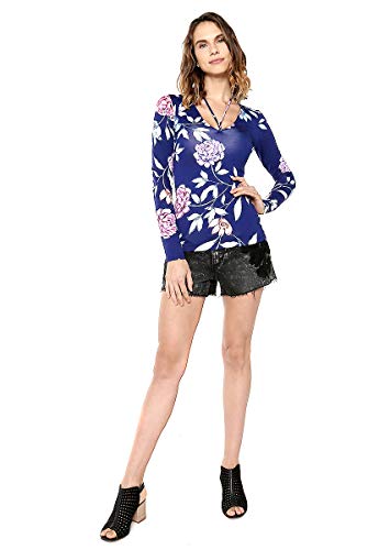 GUESS Women's Long Sleeve Pearl Top, Cosmic Floral deep Ink, L