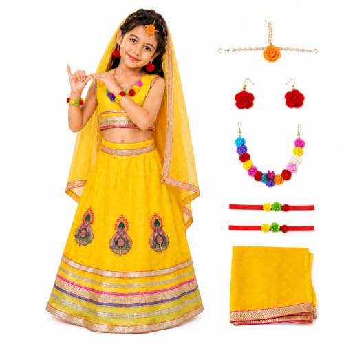 Image of Sarvda Krishna & Radha Dress for Kids - Complete Janmashtami Costume Sets with Dhoti /Lehenga, Mukut, Mor Pankh, Bansuri & Accessories | Fancy Dress for Baby Boys & Girls