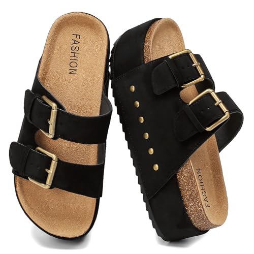 YorFotMae Women's Platform Sandals Cork Footbed with Double Buckles, Summer Chunky Wedge Sandals Wide Width Slides Comfort Beach Clogs Sandals