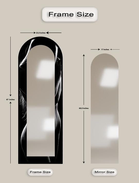 Shadow Curve - Specchio da pavimento con contorno nero opaco, lunghezza completa, con cornice nera e cornice nera