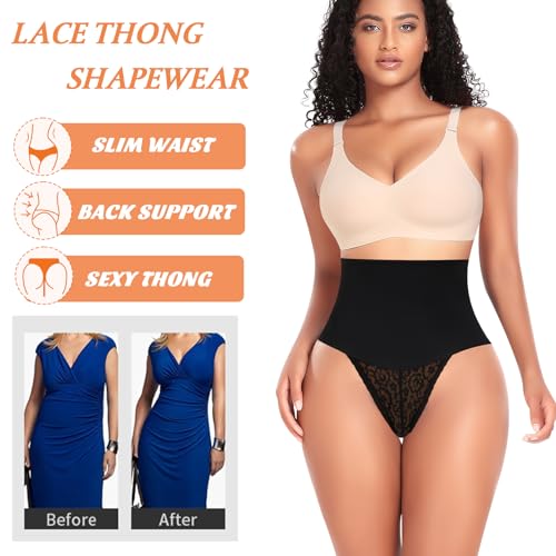 Image of Werena Tummy Control Thong Shapewear for Women Mid High Waisted Body Shaper Underwear Lace Shaping Thong Girdle Panties(#A1 Black 2 Pack,Small)