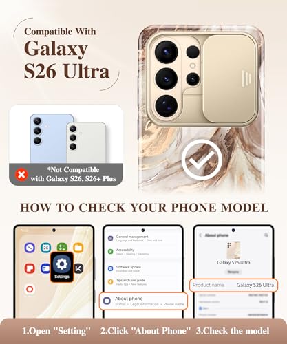 Image of GVIEWIN for Samsung Galaxy S26 Ultra Case, [Slide Camera Cover & Built-in HD Screen Protector] [2 Front Frames] Shockproof Military Grade Protective Marble Phone Case for S26 Ultra 6.9 inch (Topaz)