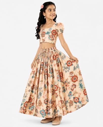 Image of GORLYA Girl's Rayon Printed Traditional Lehenga with Puff Sleeve Designer Choli Set