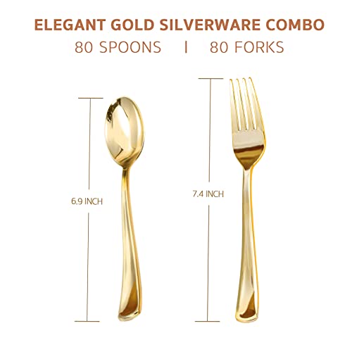 Gold Plastic Forks And Spoons Heavy Duty Set-160Pack Gold Plastic Silverware Incl 80 Forks,80 Spoons - Disposable Cutlery Flatware,Gold Utensils Dinnerware For Birthday, Dinners, Parties,Weddings #TOP1