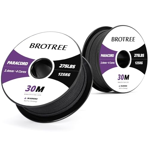 Brotree 275 Paracord 2.4mm Tactical Cord 30M Nylon Rope 4 Strands Parachute Cord for Outdoor Craft, DIY - 125kg Breaking Load (Black)