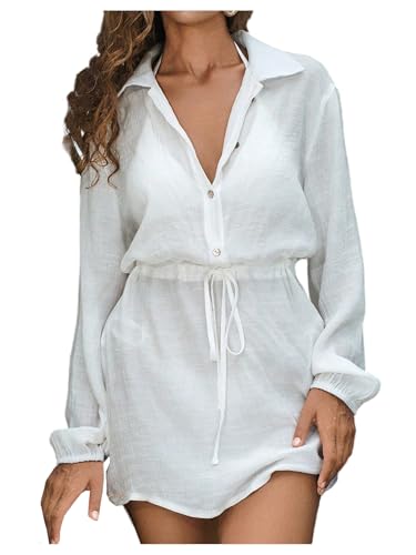 Milumia Women's Long Sleeve Bikini Cover Ups Collared Button Down Beach Shirt Dresses