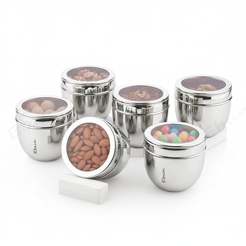 Image of Ebun Stainless Steel See Through Containers for Kitchen | Conical Shape Small Stainless Steel Dabba Set for Kitchen | Steel Container with Lid | 450 Ml Capacity | Pack of 6
