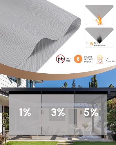 Image of Kincmo Motorized Outdoor Shades for Patio Porch, Custom Outdoor Motorized Blinds with Remote, Waterproof & Windproof Patio Shades Work with Apple Home,Alexa,Google (3%-Openness White Grey)