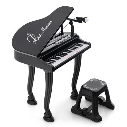 HONEY JOY Classical Kids Mini Grand Piano w/ Music Stand & Stool, Portable Electronic Piano Educational Musical Instrument Toy w/ Microphone, Lights, Gift for Kids (Black, 37 Keys)