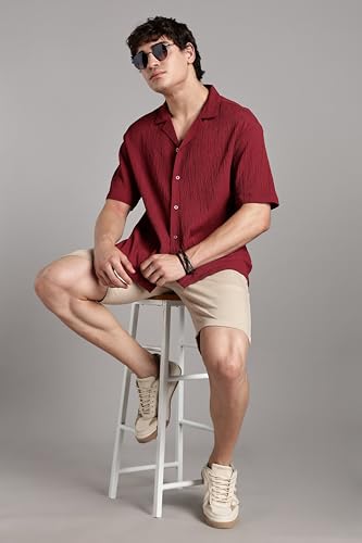 Image of FYLTR Men's Solid Textured Relaxed Fit Shirt - Half Sleeves | Cuban Collar | Comfortable Fit | Summer Shirts