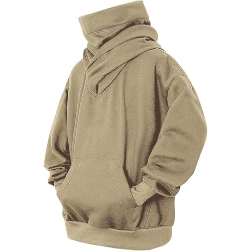 Men's Fleece Hoodies Fashion Cowl Neck Hoodies Pullover Warm Loose Hooded Sweatshirt Embroidered Pattern Sweatshirts