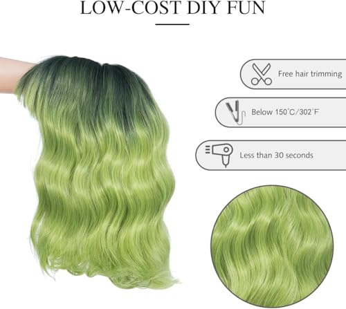Image of Rose bud Wavy Bob Wig with Bangs Natural Ombre Green Wig Synthetic Hair Shoulder Length Short Curly Wigs for Women