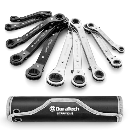 DURATECH 10-Piece Reversible Ratcheting Wrench Set, Offset Double Box End Wrench Set, SAE & Metric, with Rolling Pouch