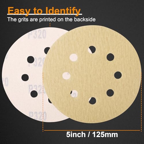 Image of 100PCS 5 Inch Sanding Discs, 8 Hole Hook and Loop 320 Grit Sandpaper, Round Sand Paper for Random Orbital Sander