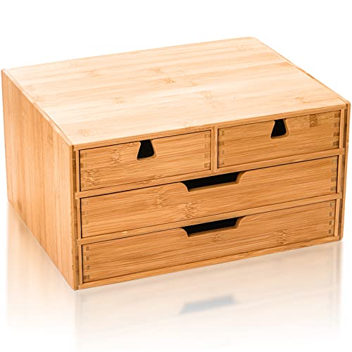 DEAYOU Bamboo Desk Organizer, 100% Natural Bamboo Desktop Drawer Organizer, Tabletop Storage Cabinet Organization Box with 4 Drawers for Makeup, Letter, Home Office Supplies, 3-Layer, Fully Assembled